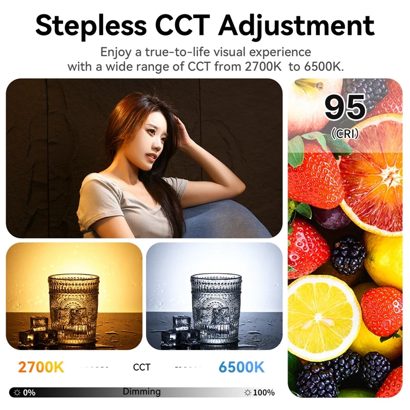 LED light with adjustable 2700K–6500K color temperature for precise lighting, showing warm and cool glass settings.