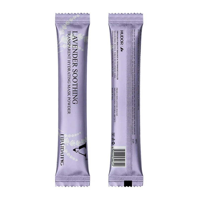 Two sides of a thin, light purple packet of Lavender Soothing transparent hydrating mask powder.