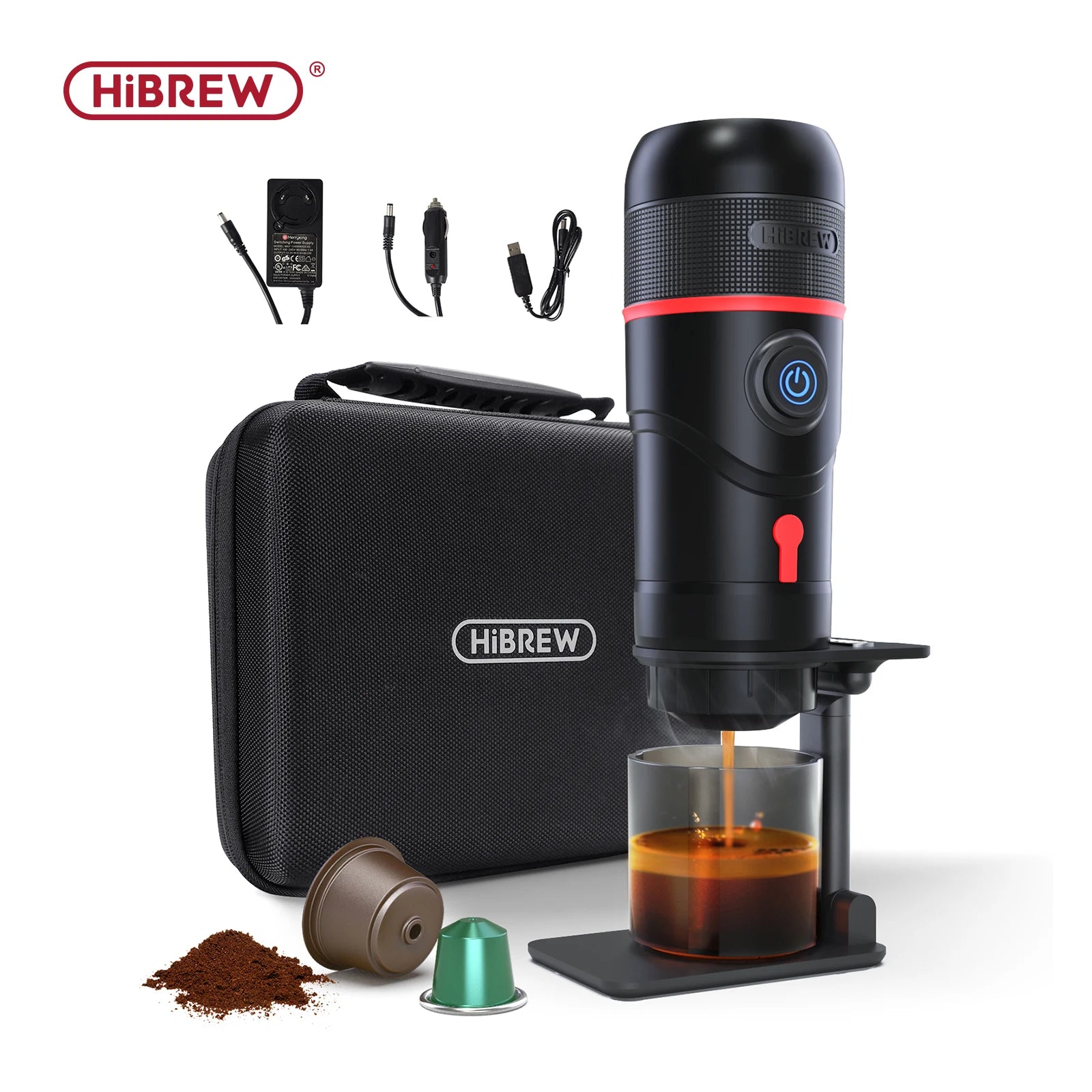 HiBREW portable black capsule espresso coffee maker with carrying case, power adapters, and espresso brewing stand.