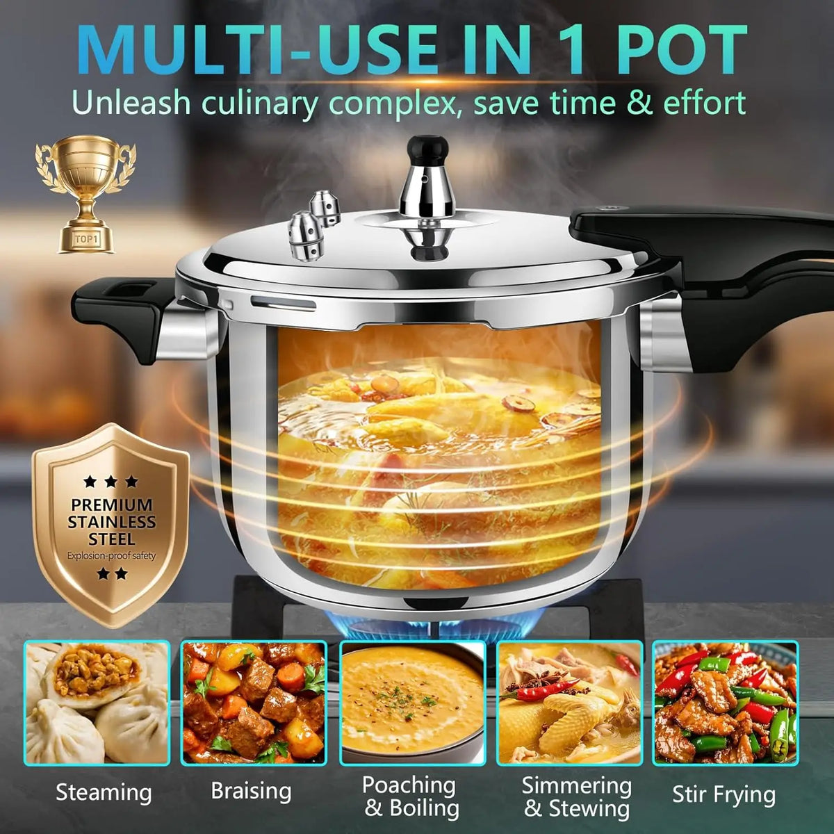 Stainless steel multi-use pressure cooker with lid and cooking pot with visible liquid