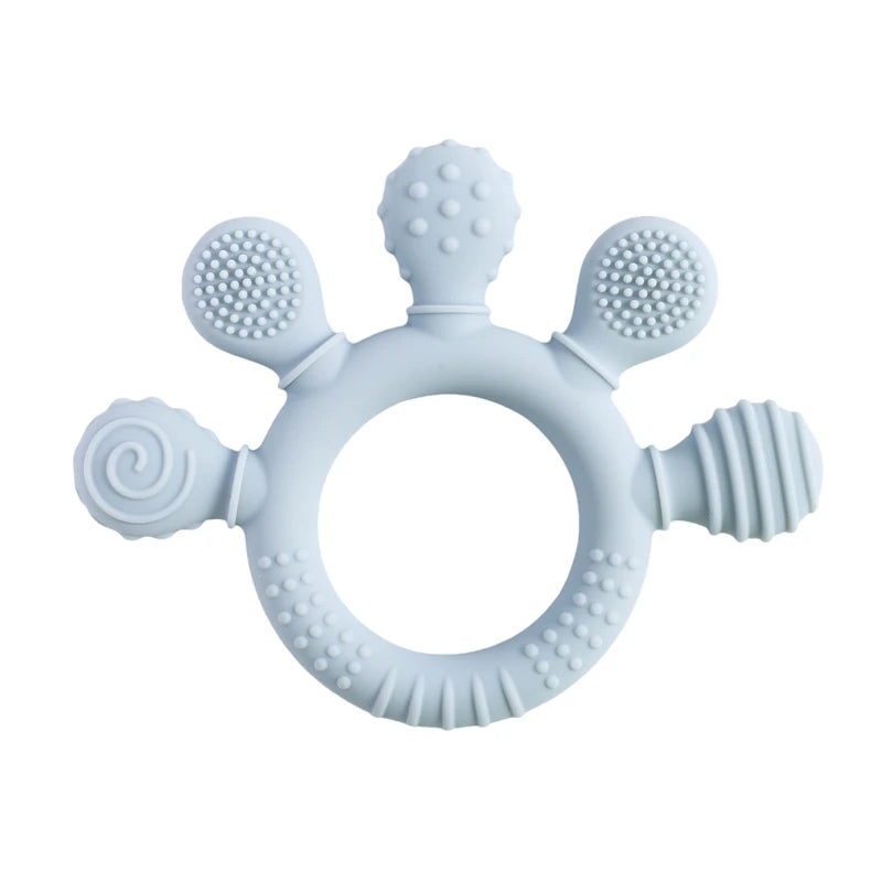 Light blue silicone baby teething ring toy for infant gum relief.