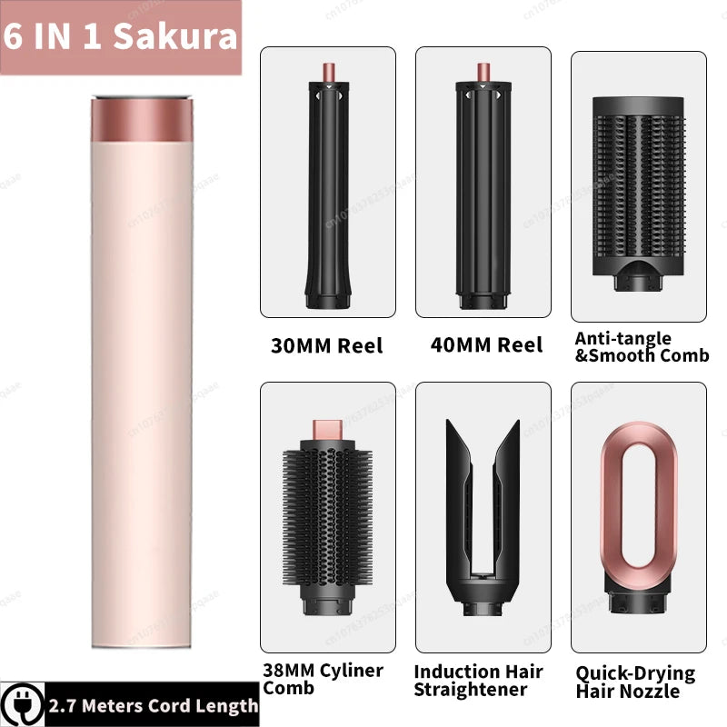 Sencimen X19 6-in-1 Sakura hair styler set with curling barrels, smoothing combs, straightener, and dryer nozzle.