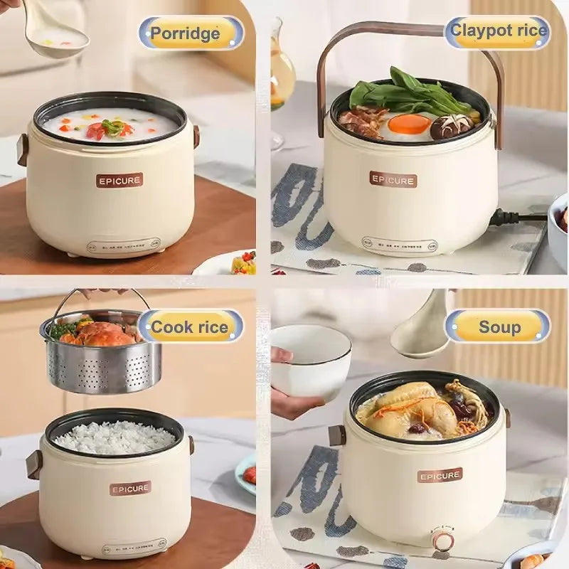 Electric rice cooker shown cooking rice, porridge, and soup