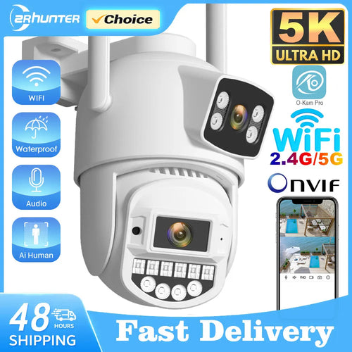 White PTZ outdoor security camera with dual-lens design and Wi‑Fi antennas