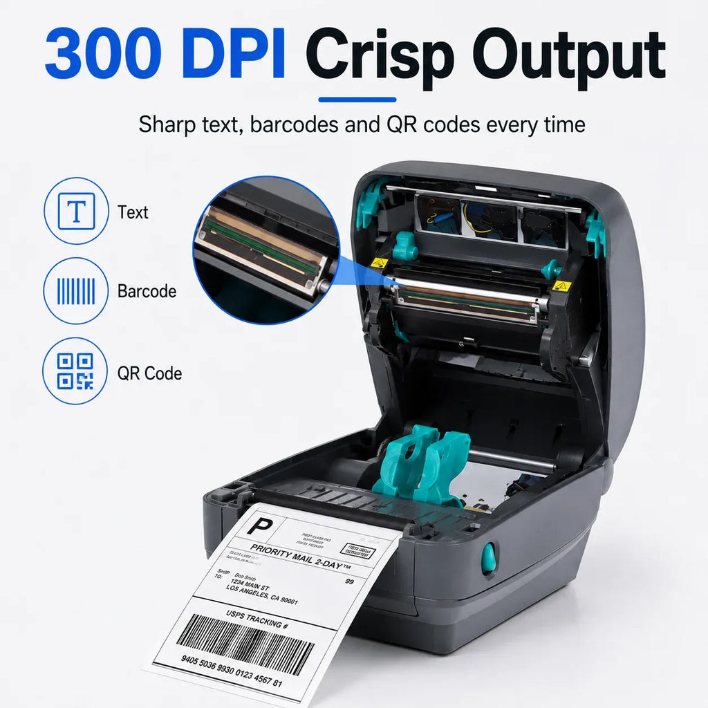 Zebra GX430T label printer with open cover and visible print mechanism