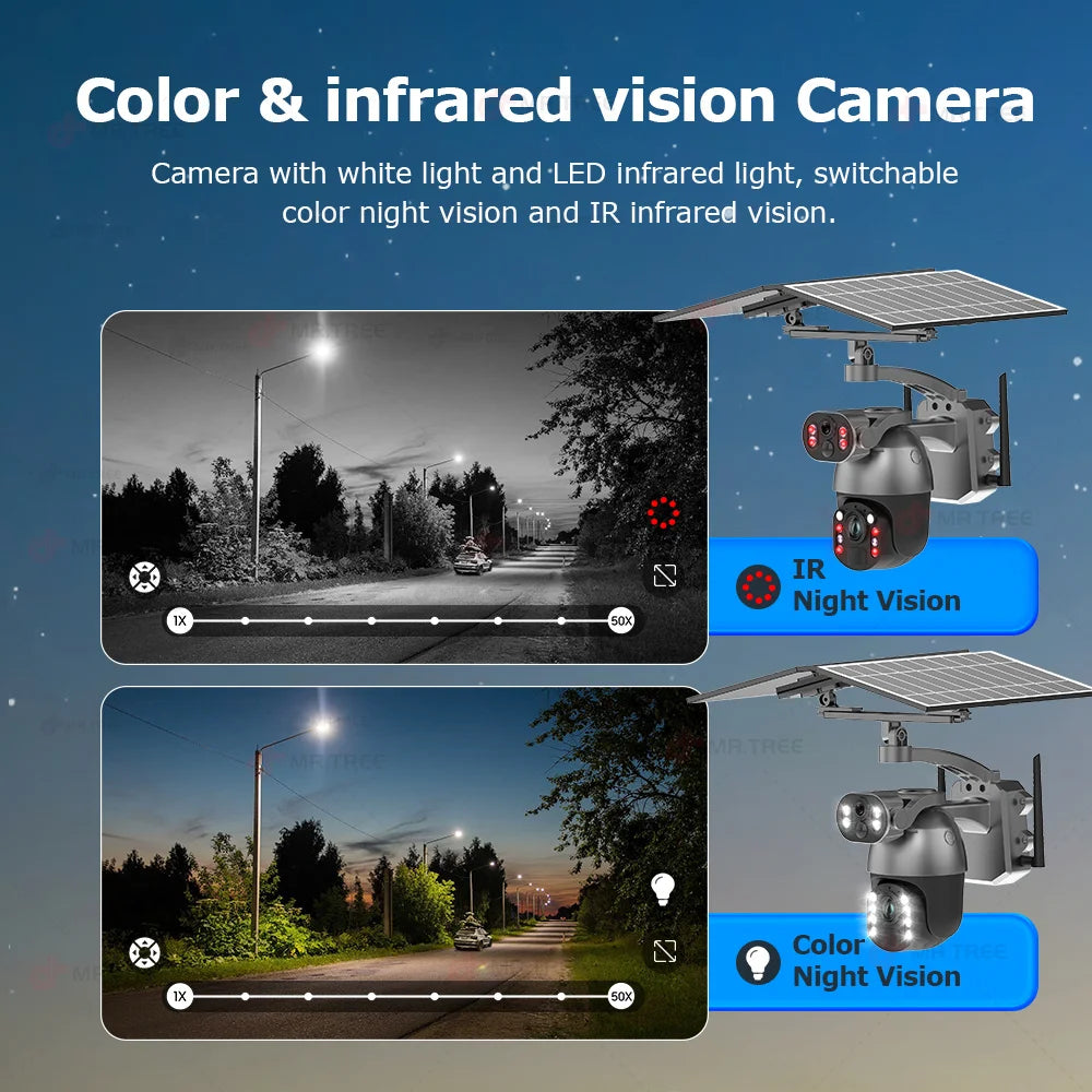 4K 50X Optical Zoom Solar Camera 10MP Dual Lens Home Outdoor 4G Sim PTZ Surveillance WIFI Security AI Auto Tracking CCTV IP Cam