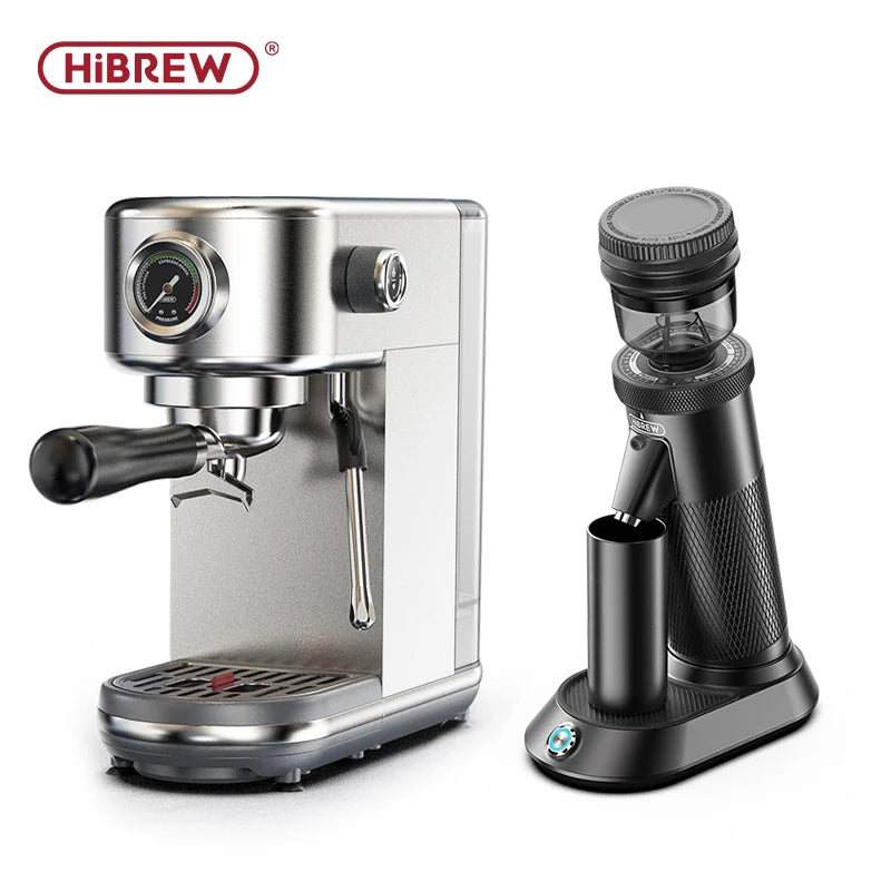 HiBREW stainless steel espresso machine and black electric coffee grinder set for home barista brewing.