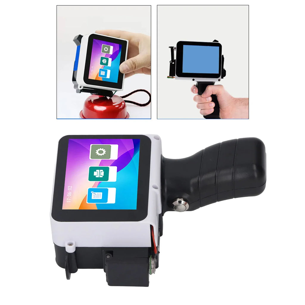 Handheld inkjet printer with touchscreen on black handle, shown in use