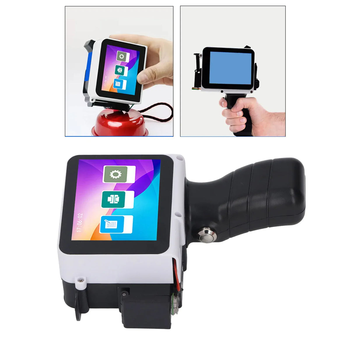 Handheld inkjet printer with touchscreen on black handle, shown in use