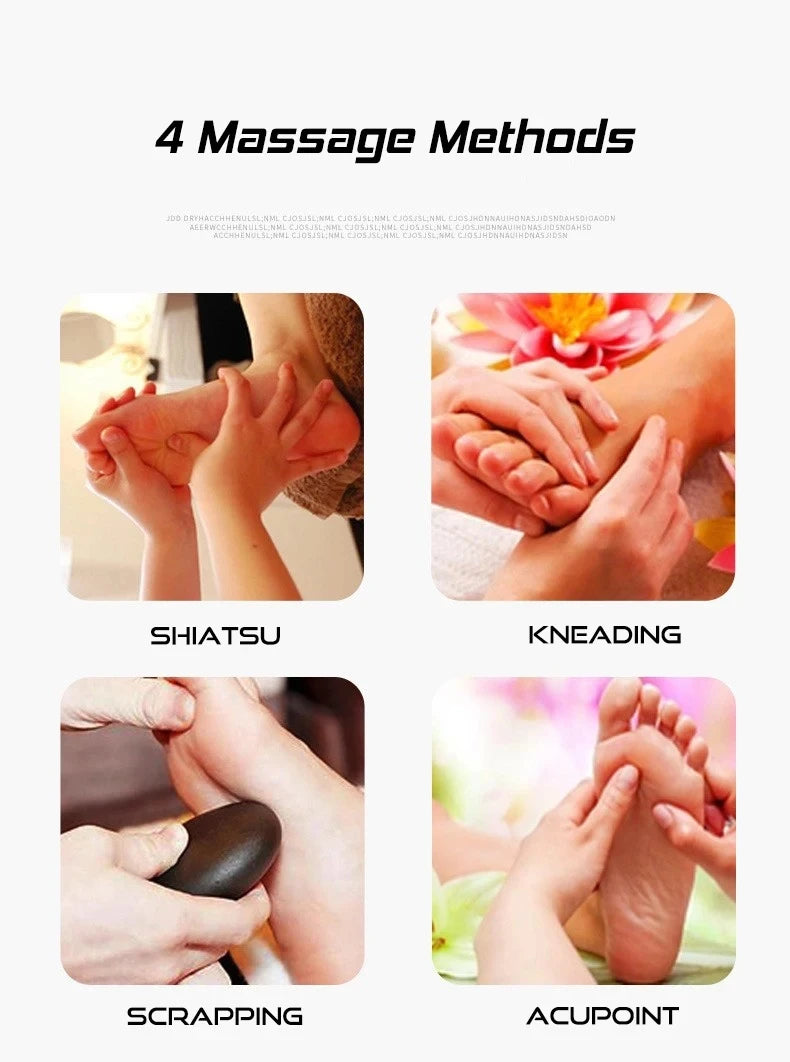 Electric foot and calf massager showing four therapy modes: shiatsu, deep tissue kneading, scrapping, and acupoint.