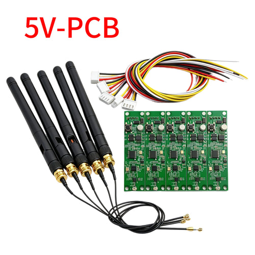 Green DMX wireless controller PCB with antenna rods and multi-color wire harness