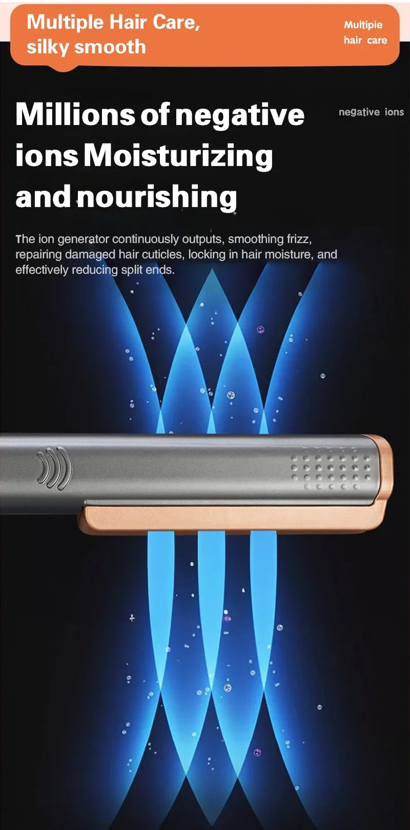 TINSOL 2-in-1 negative ion hair straightener and curler in gray and rose gold with wide ceramic styling plates.