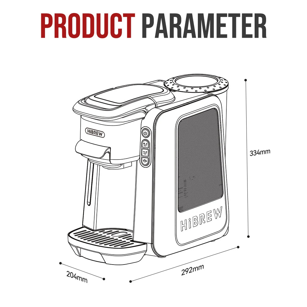 HiBrew coffee maker line drawing showing 334mm height, 292mm length, and 204mm width dimensions for product specs.