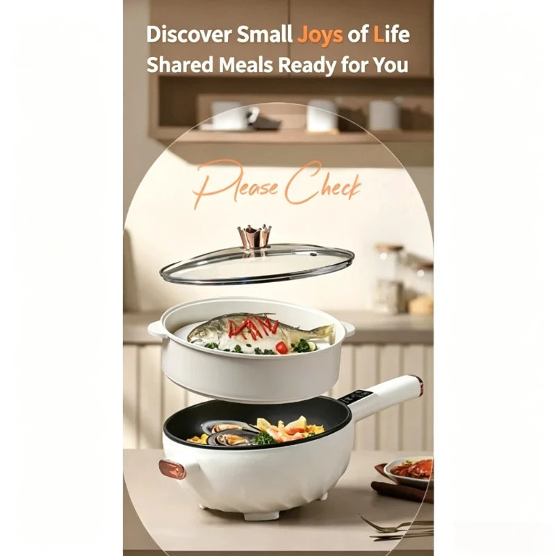 White electric cooking pot with glass lid and black inner surface, kitchen countertop view