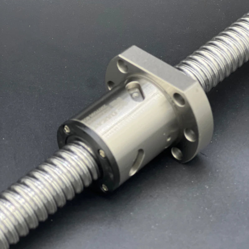 Roller ball screw with ball nut, silver housing and black end ring, side view