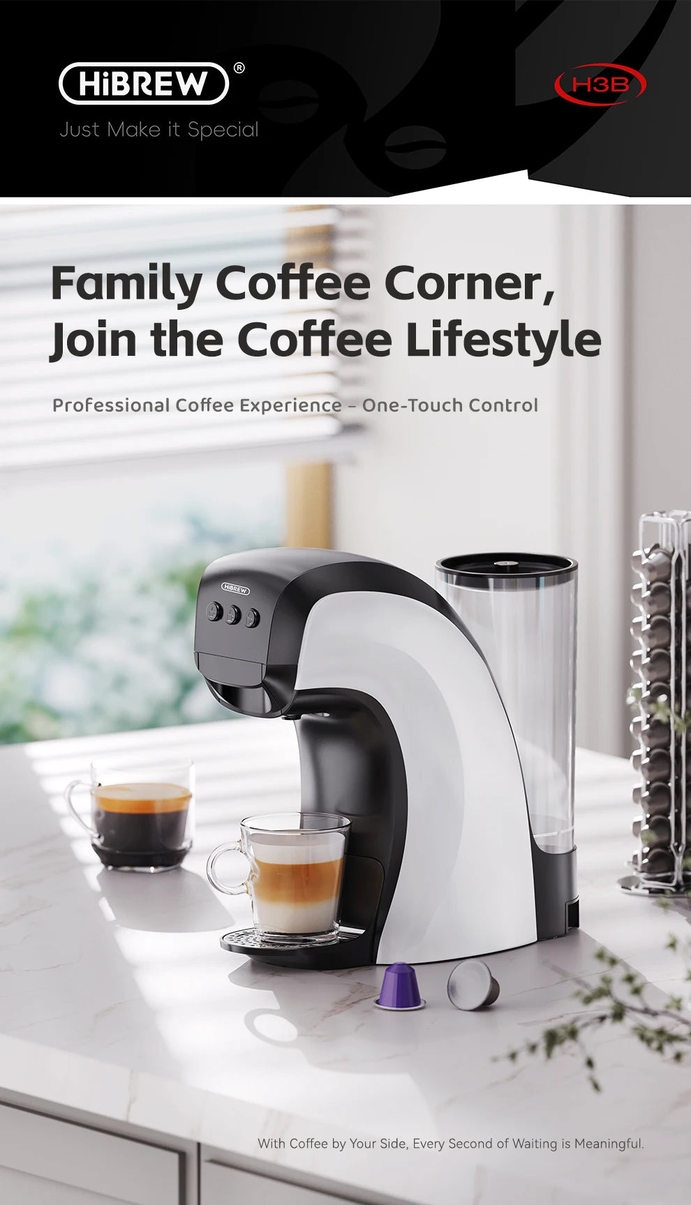 HiBREW H3B black and white capsule coffee machine with transparent water tank on a kitchen counter.