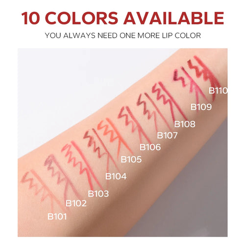 10-color waterproof matte lip liner swatches on arm, showing various shades for precise, long-lasting lip makeup.