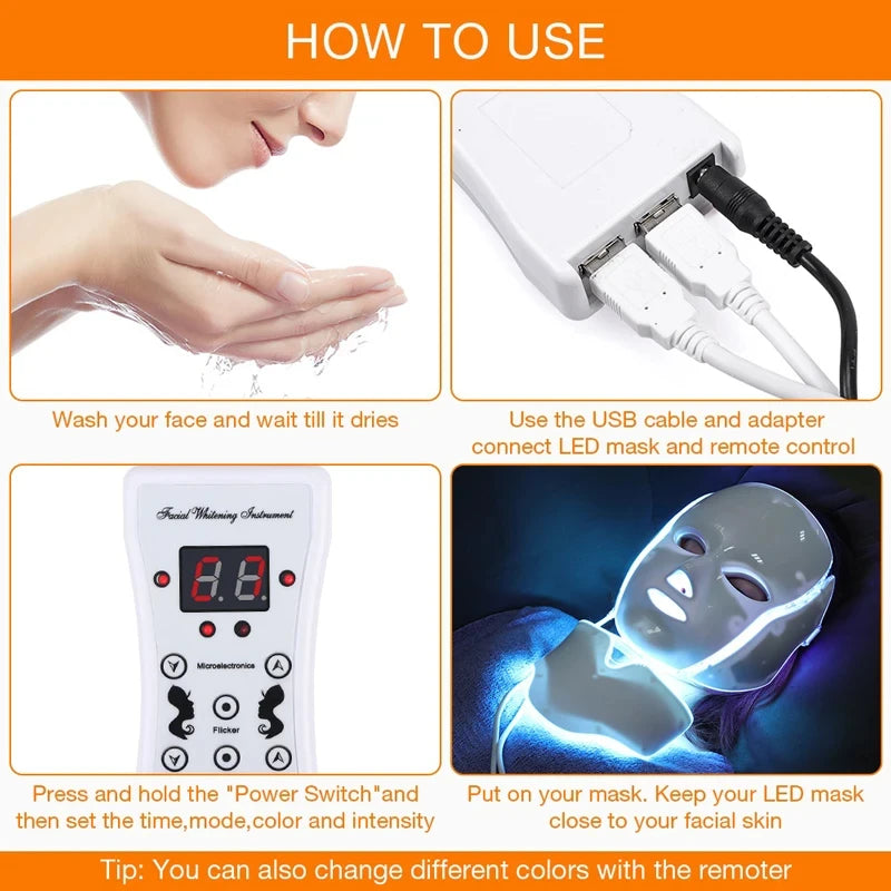 LED facial mask with remote control, white plastic design, showing four-step usage instructions for skincare.