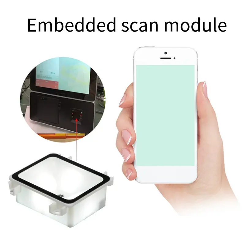 Embedded 2D barcode scanner module with scan head and smartphone in hand
