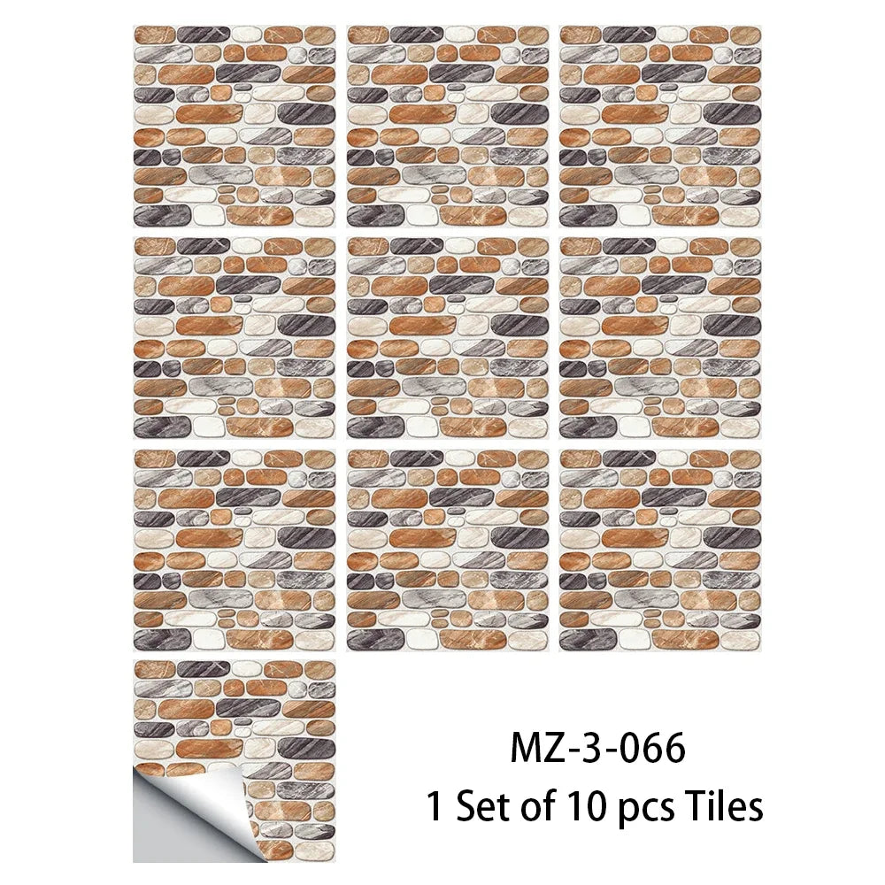 Waterproof non-slip floor tile sticker set with warm brown stacked-stone brick pattern