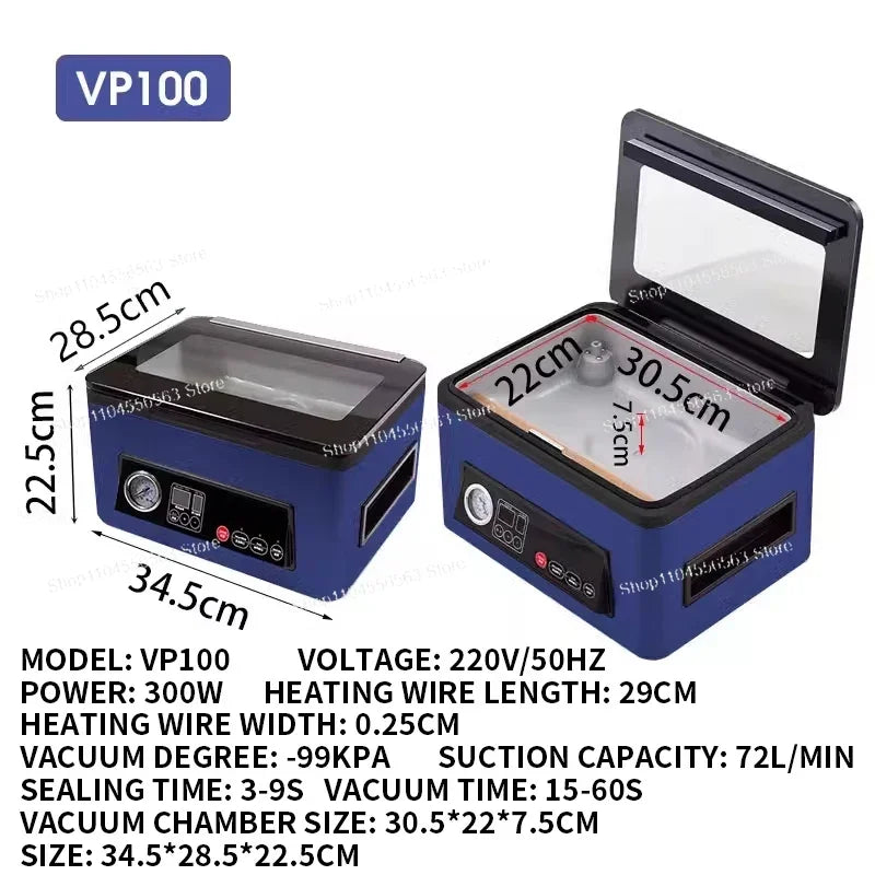 VP100 compact chamber vacuum sealer with open lid and blue body accents