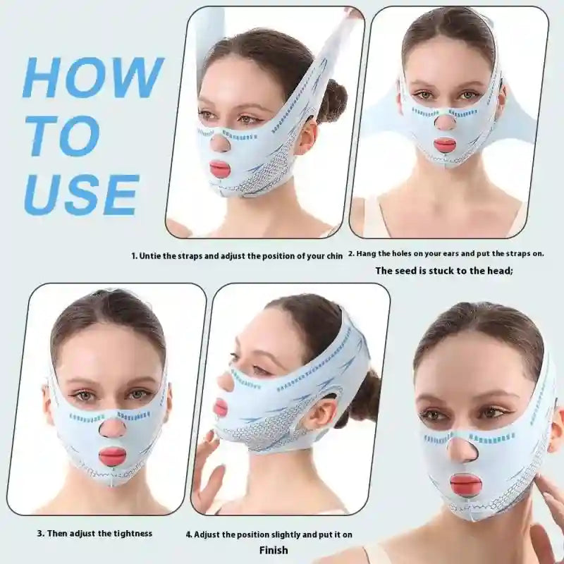 A woman demonstrating how to apply a light blue, breathable V-line face slimming bandage with ear and mouth cutouts.