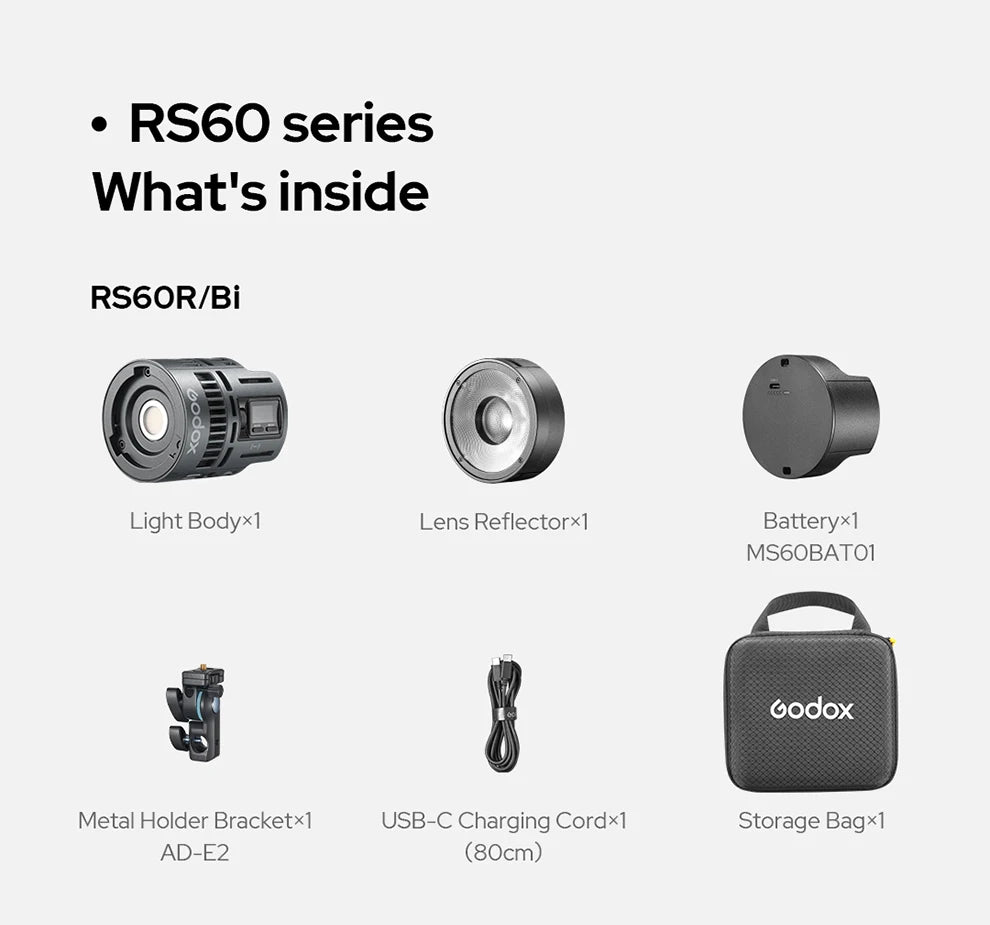 RS60 series lighting kit components including a light body, reflector, battery, bracket, charging cable, and carry bag.