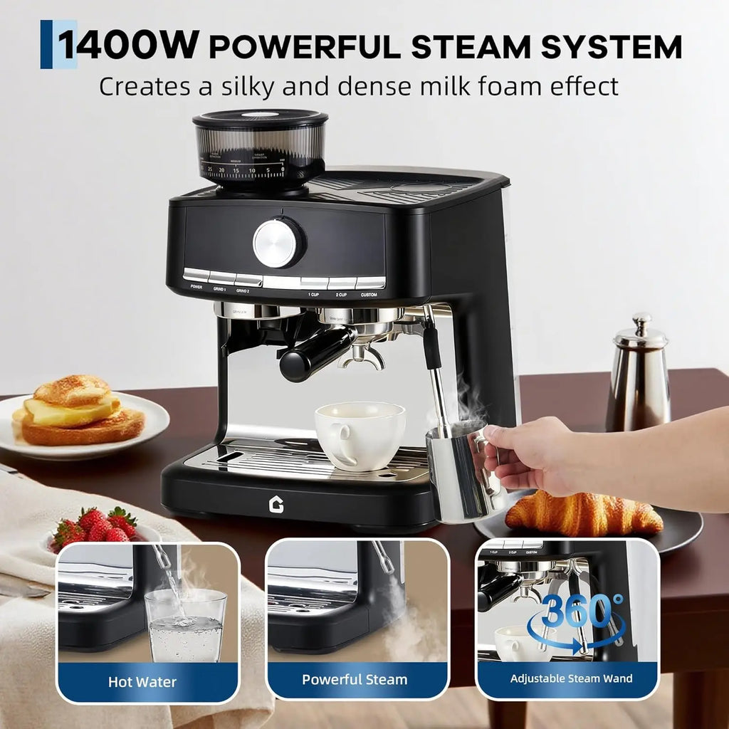 Black 1400W espresso machine with built-in grinder, 360-degree steam wand, and stainless steel accents for home coffee.