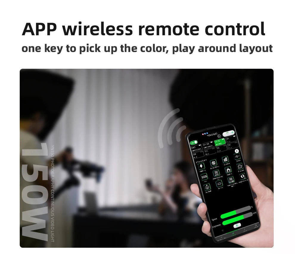 A smartphone screen displaying a black control app interface with green icons for adjusting photography light settings.