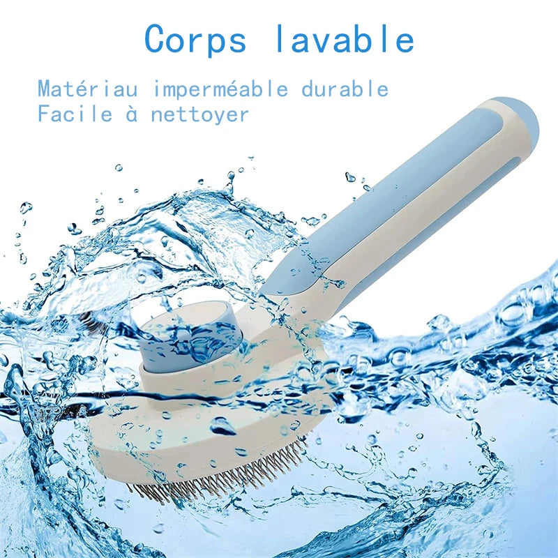 Self-cleaning blue waterproof slicker brush for cats and dogs, designed to remove tangled pet hair easily.