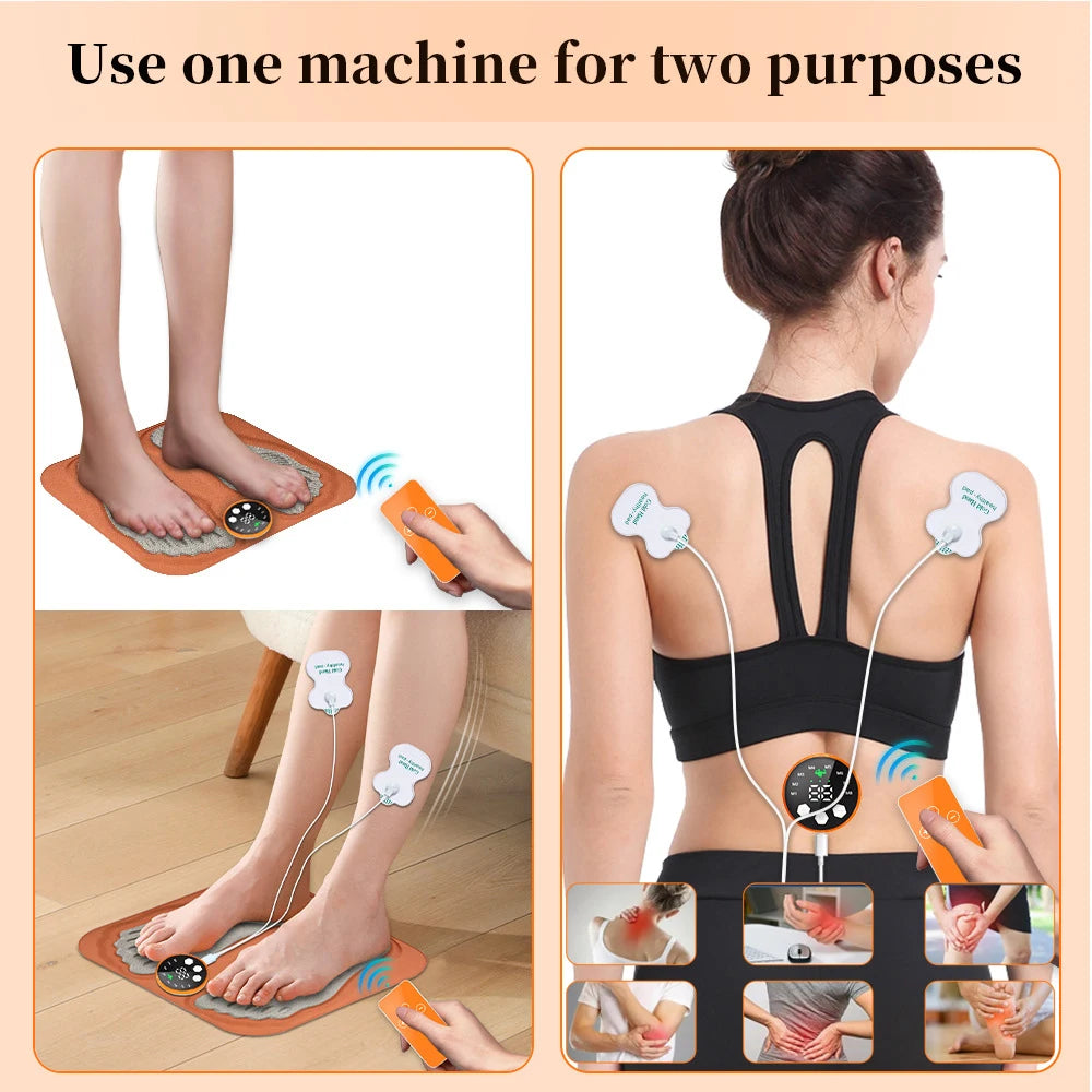 3D smart electric foot massage pad and body muscle stimulator with RF remote, 8 modes, 29 levels for pain relief.
