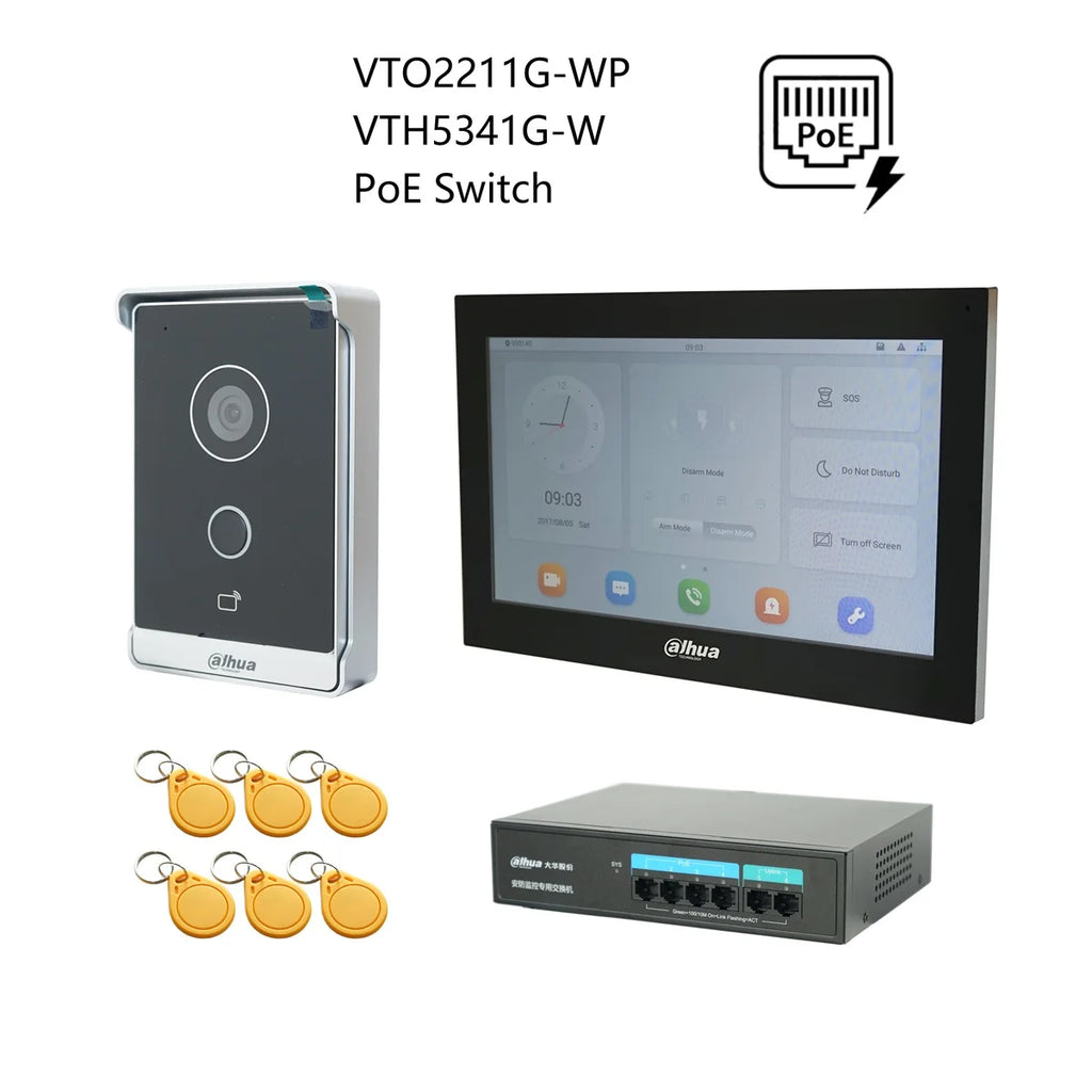 Dahua original IP Video Intercom KIT,VTO2211G-WP & VTH5341G-W & PoE switch,support phone app, RFID Card Unlock