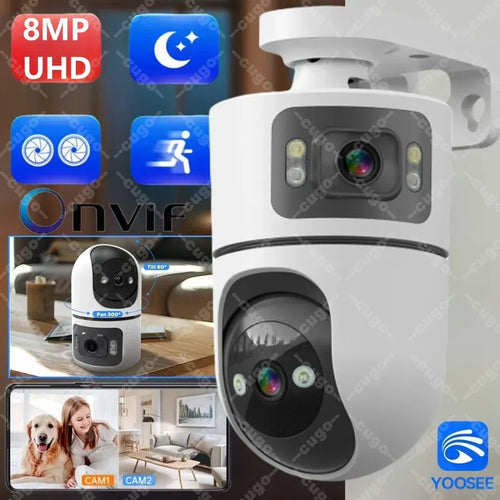 Dual-lens WiFi security camera, white, with adjustable wall/ceiling bracket