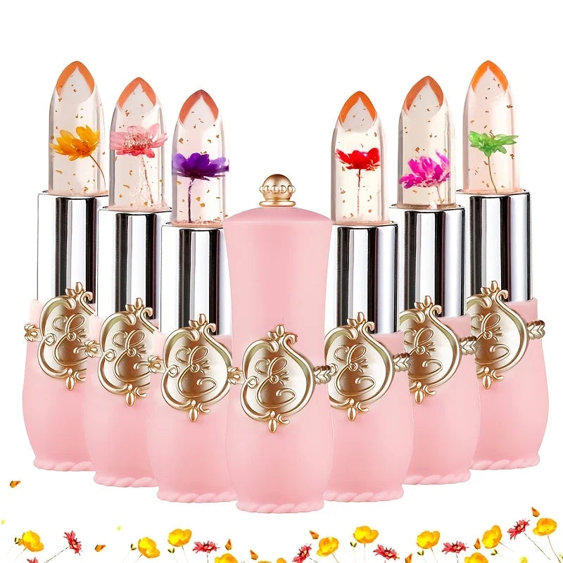 Crystal flower jelly lipsticks with gold flakes in pink vintage cases. Nutritious color-changing moisturizing lip balm.