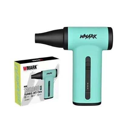 WMARK mint green 130,000RPM brushless turbo jet fan hair dryer with black nozzle attachment and portable design.