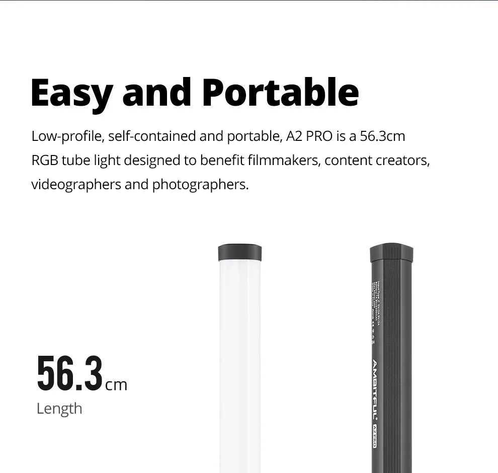 A2 PRO 56.3cm portable RGB LED tube light for photography and video, shown with white light and black casing.