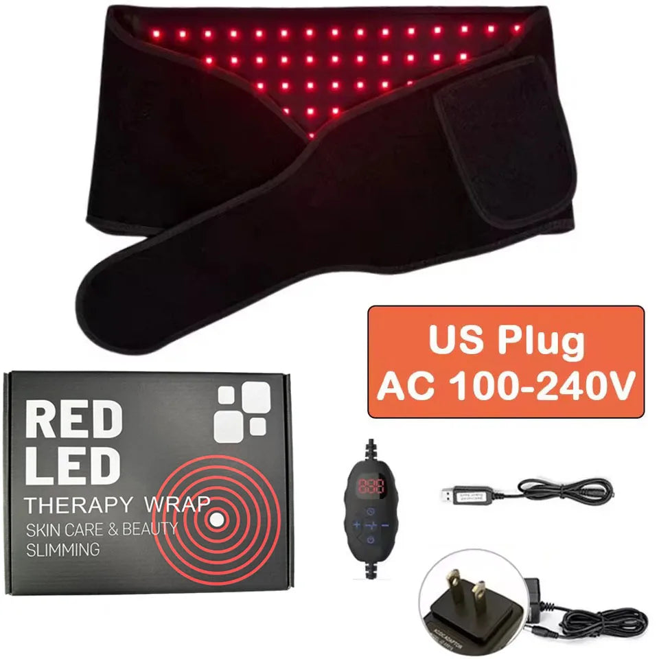 Black red light therapy belt with LED wrap for pain relief, including controller, power adapter, and retail box.