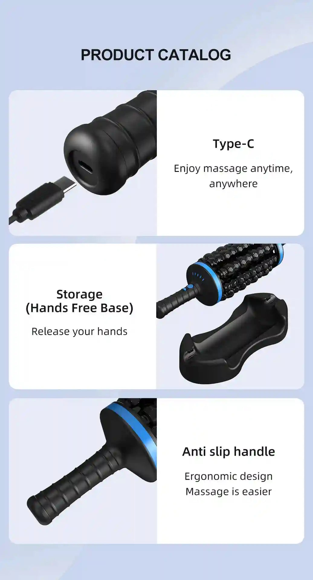 Black cordless roller massager with USB-C charging, storage base, textured roller head, and ergonomic anti-slip handle.