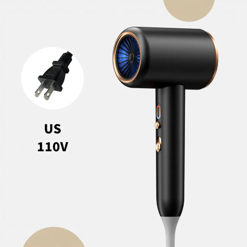 Black 2400W high-speed hair dryer with blue light, negative ion tech, and US 110V plug for salon-quality hair care.