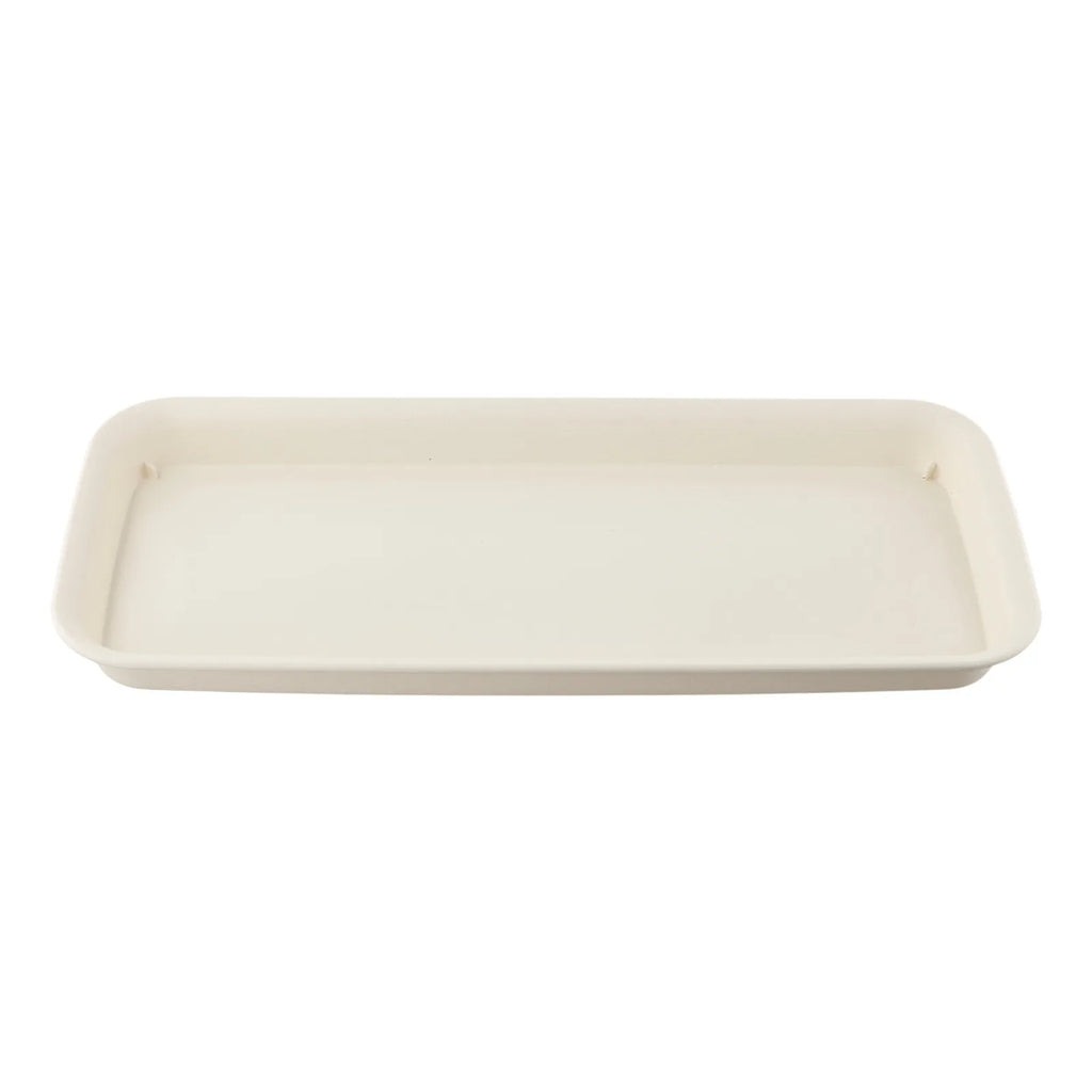Rectangular white plastic plant water tray with rounded corners and shallow basin