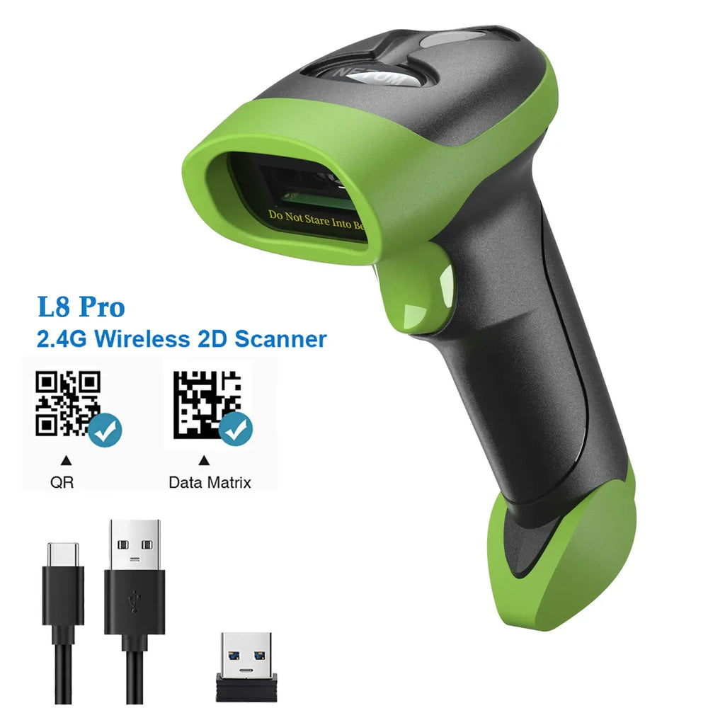 Green wireless 2D barcode scanner with bright status lights and scan window