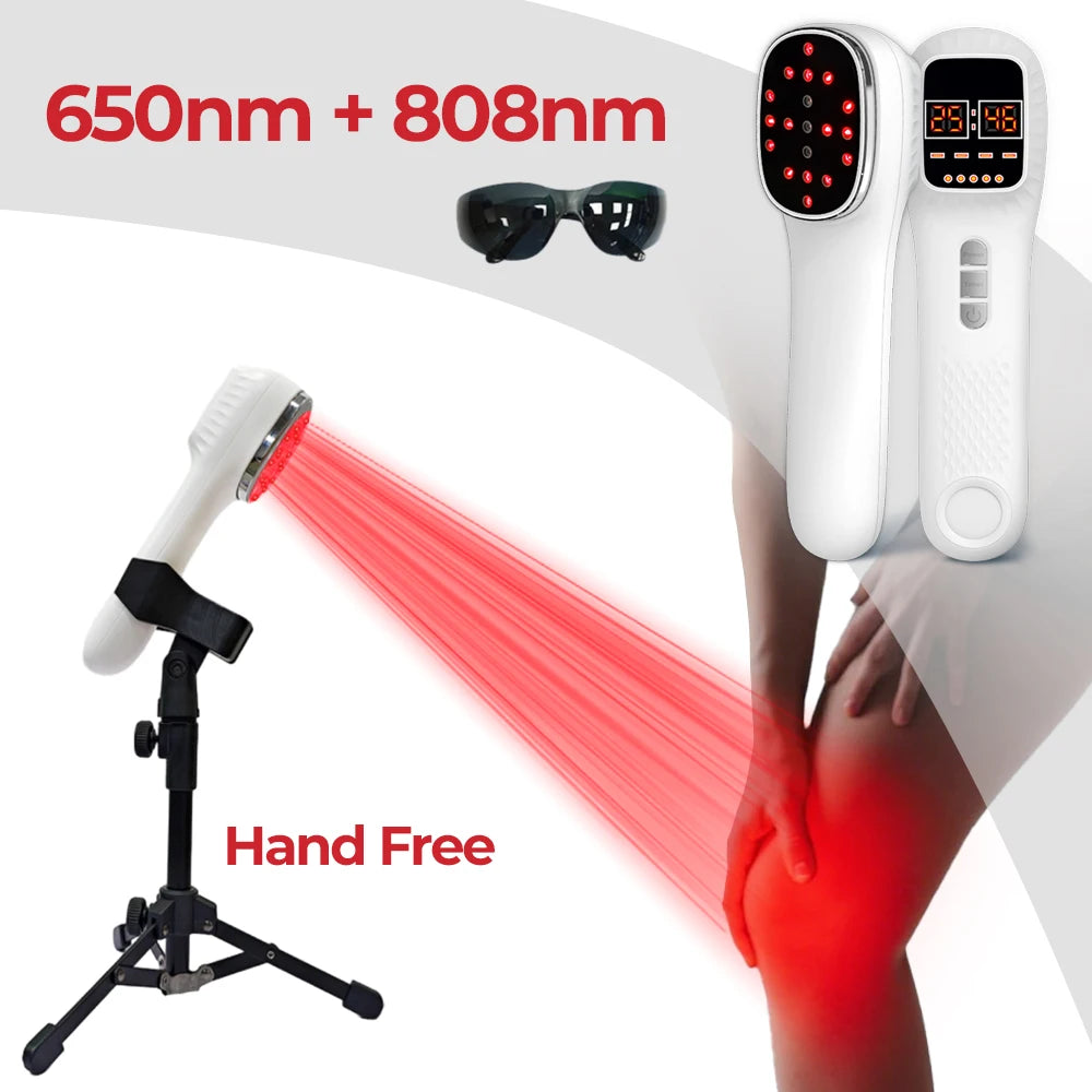 Handheld white LED therapy device with stand, emitting red light onto a knee. Includes safety glasses.