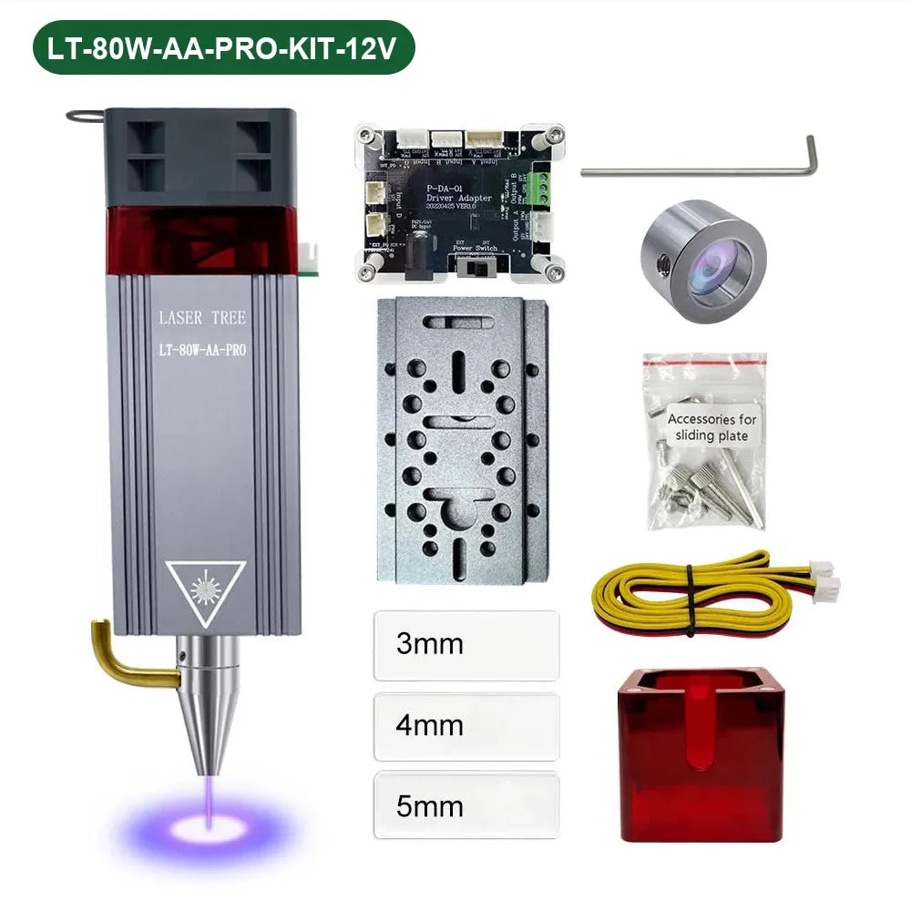 Laser module kit with adapter board, lens, cable, spacing inserts, and red protective housing
