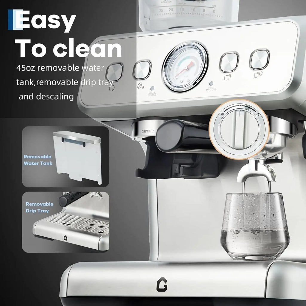 Silver espresso machine with 45oz removable water tank, pressure gauge, and drip tray for easy cleaning.
