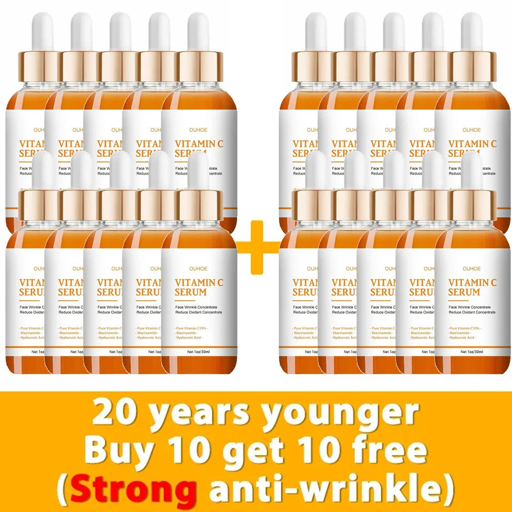 Twenty amber glass dropper bottles of Vitamin C serum arranged in two rows of ten with a yellow promotional banner.