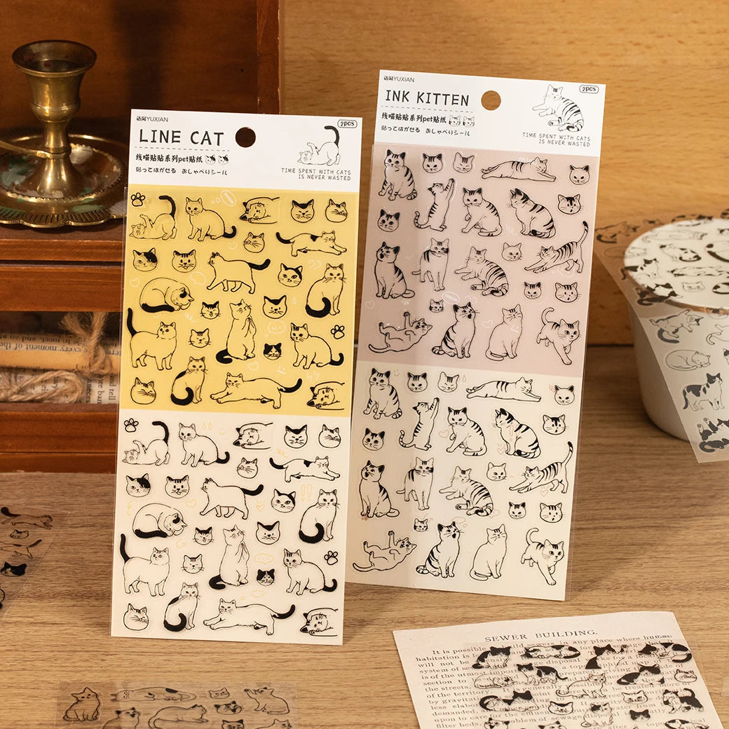 Two sheets of cute cartoon cat PET stickers for DIY scrapbooking, journaling, and creative craft decorations.