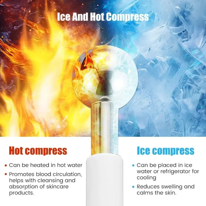Stainless steel ice globe for hot and cold facial compress, shown with flame and ice visual effects.