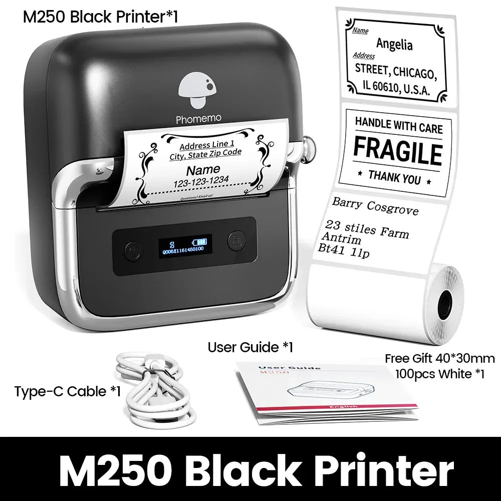 Black thermal label maker kit with user guide, Type-C cable, and roll of labels