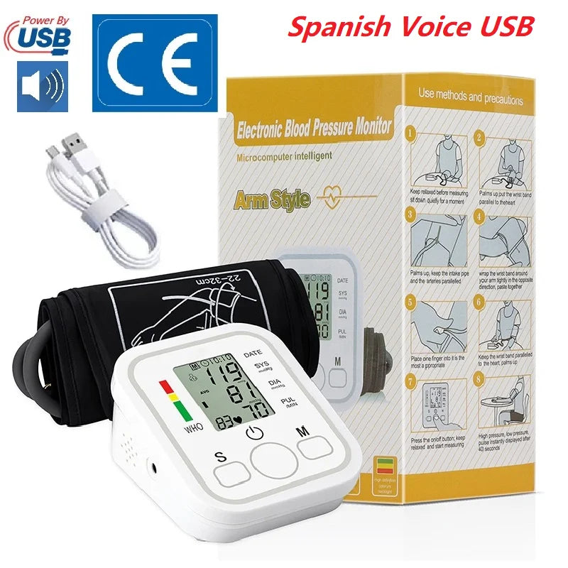Digital Blood Pressure Meter Medical Voice Arm BP Sphygmomanometer Automatic Tonometer Tensiometer Pulse Heart Rate Health Meter