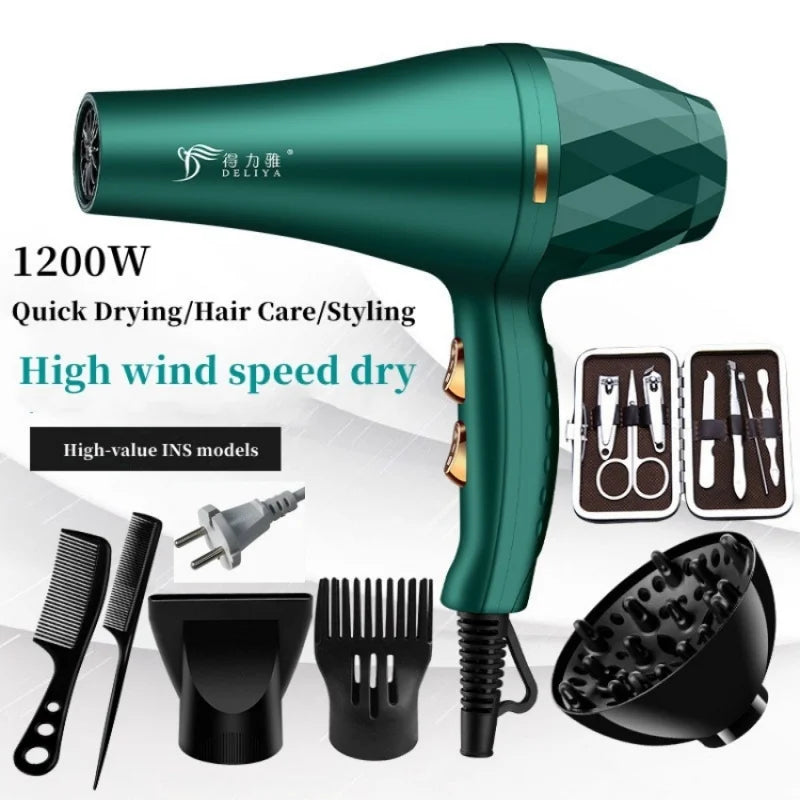 Dark green 1200W professional hair dryer with diffuser, styling nozzles, and grooming kit for fast, constant-temp drying.